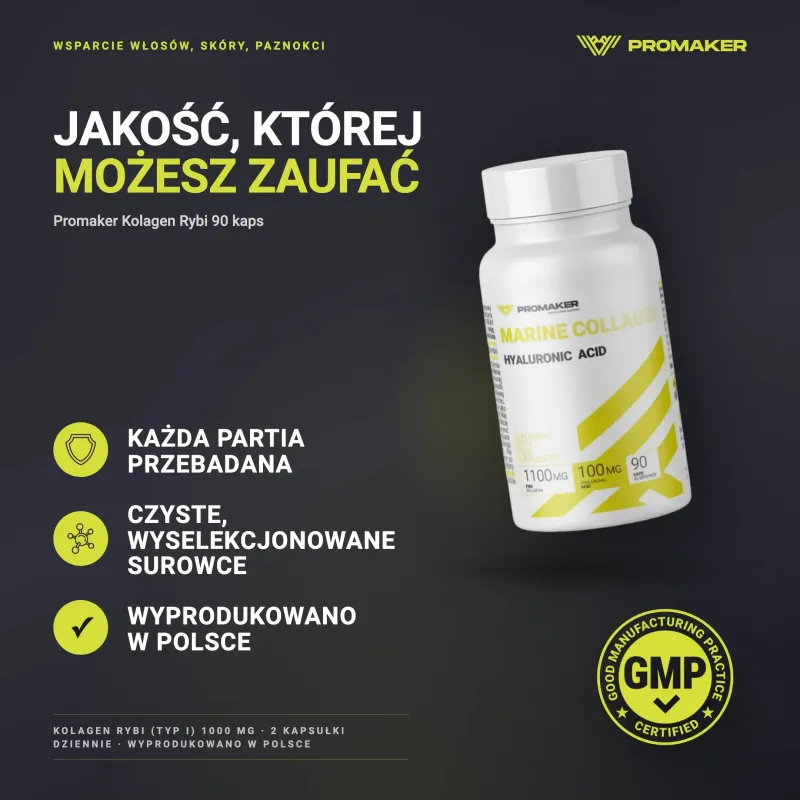 Wsparcie Włosów, Skóry, Paznokci Kolagen Promaker Kolagen Rybi 90kaps – every batch tested, GMP certified, made in Poland